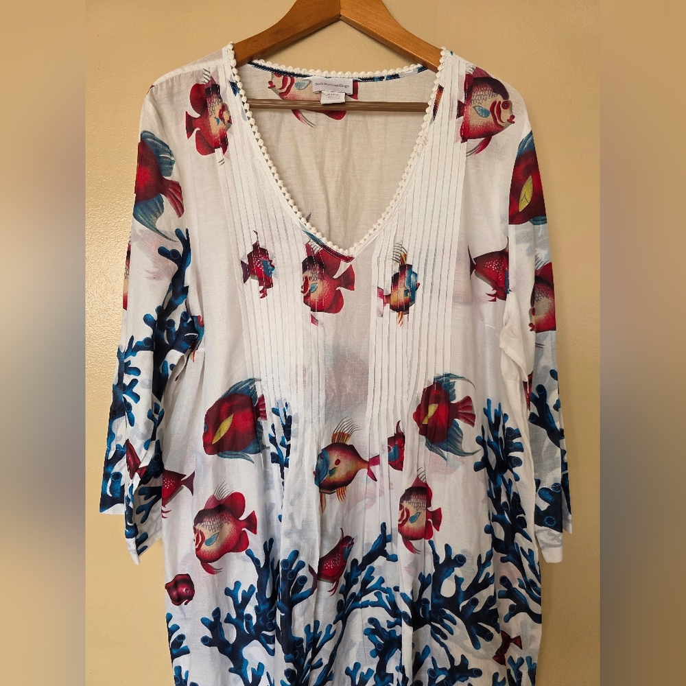 Soft Surroundings Seychelles Tunic Dress 2X Fish Coral Cotton Beach CoverUp Boho - Picture 3 of 11